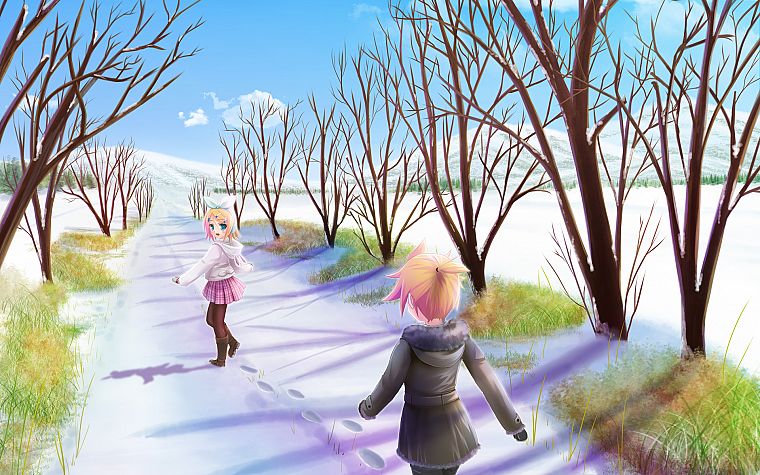 winter, snow, Vocaloid, twins, Kagamine Rin, Kagamine Len - desktop wallpaper