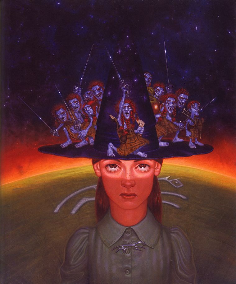 brown eyes, fantasy art, Terry Pratchett, hats, witches, blue skin, book covers - desktop wallpaper