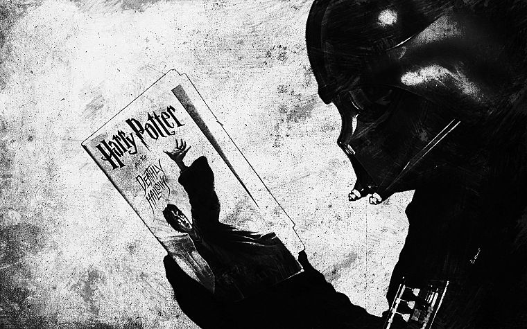 Darth Vader, reading, funny, illustrations, books, Harry Potter and the Deathly Hallows - desktop wallpaper