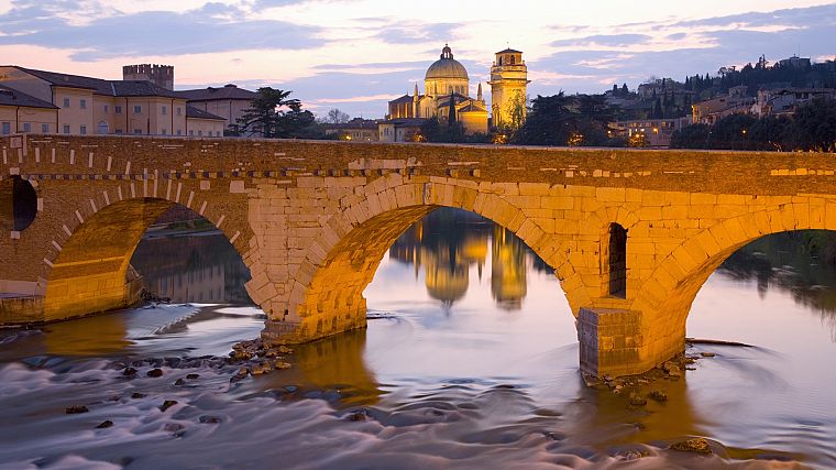 bridges, churches, Italy, The River, Verona, Veneto, Ponte Pietra - desktop wallpaper