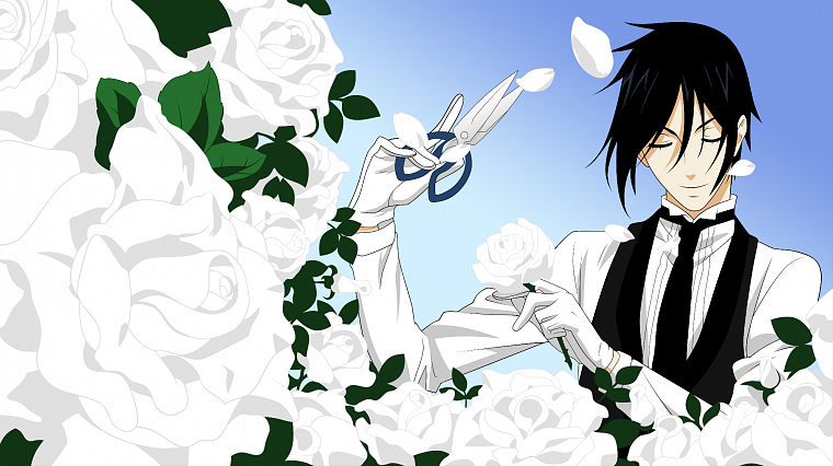 brunettes, white, flowers, scissors, tie, Kuroshitsuji, Sebastian Michaelis, flower petals - desktop wallpaper