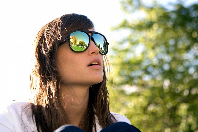brunettes, women, outdoors, sunglasses, reflections - desktop wallpaper