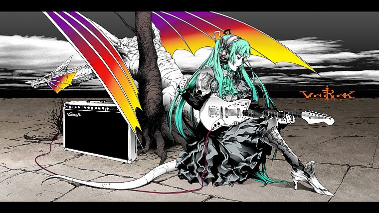 dragons, Vocaloid, Hatsune Miku, armor, guitars, drawn, anime girls - desktop wallpaper