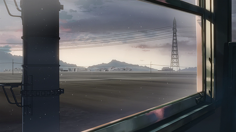 artistic, trains, Makoto Shinkai, power lines, 5 Centimeters Per Second, vehicles, window panes - desktop wallpaper
