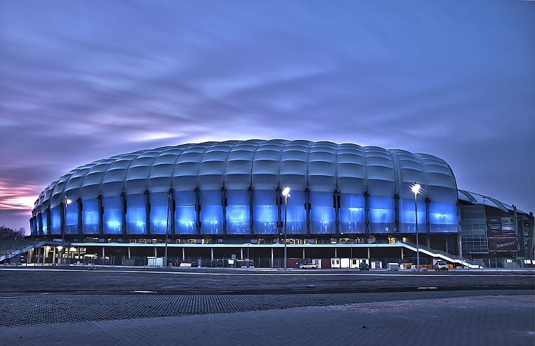 night, architecture, stadium, Poznan - desktop wallpaper