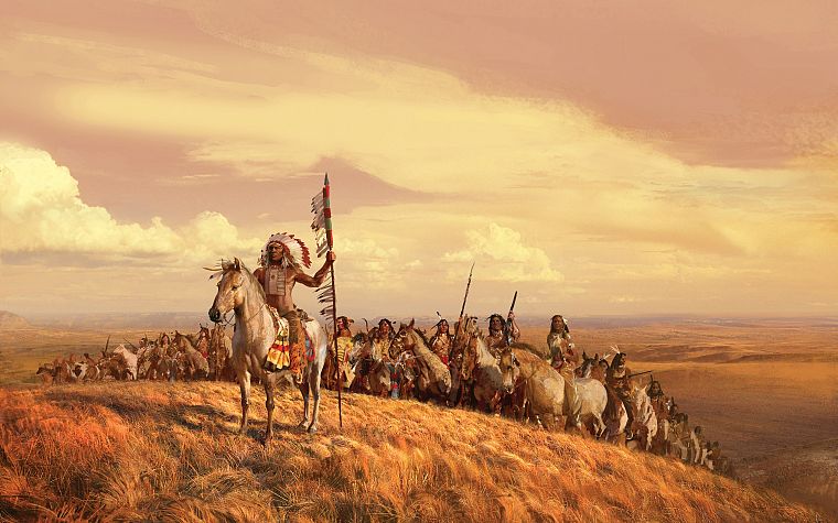 paintings, landscapes, valleys, horses, Indians, artwork, spears, skyscapes, leader, tribes - desktop wallpaper