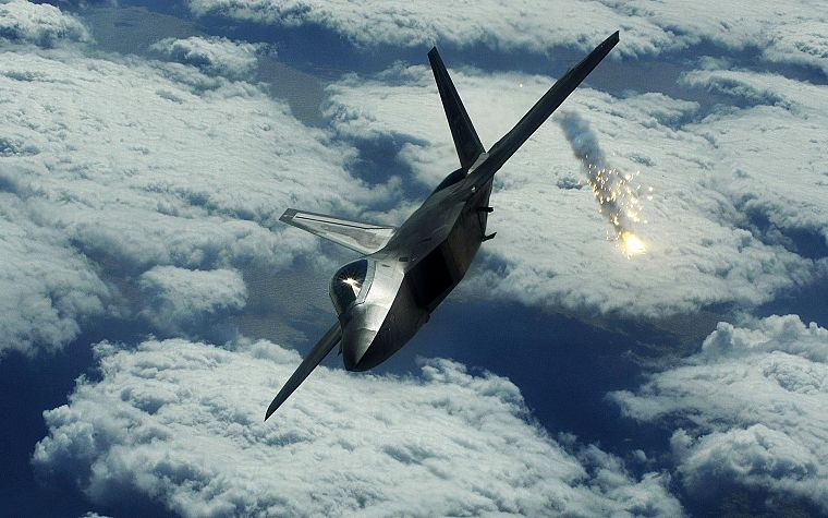 clouds, F-22 Raptor, flares, jet aircraft - desktop wallpaper