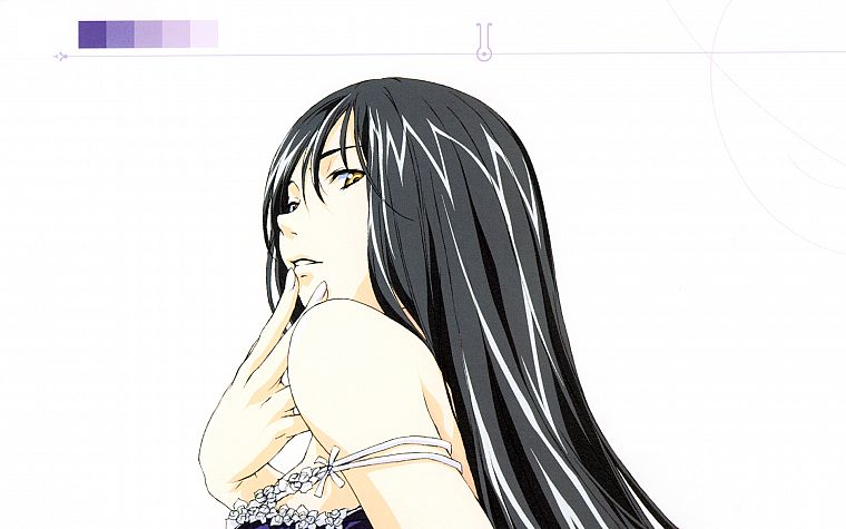 long hair, yellow eyes, simple background, anime girls, black hair, bare shoulders - desktop wallpaper