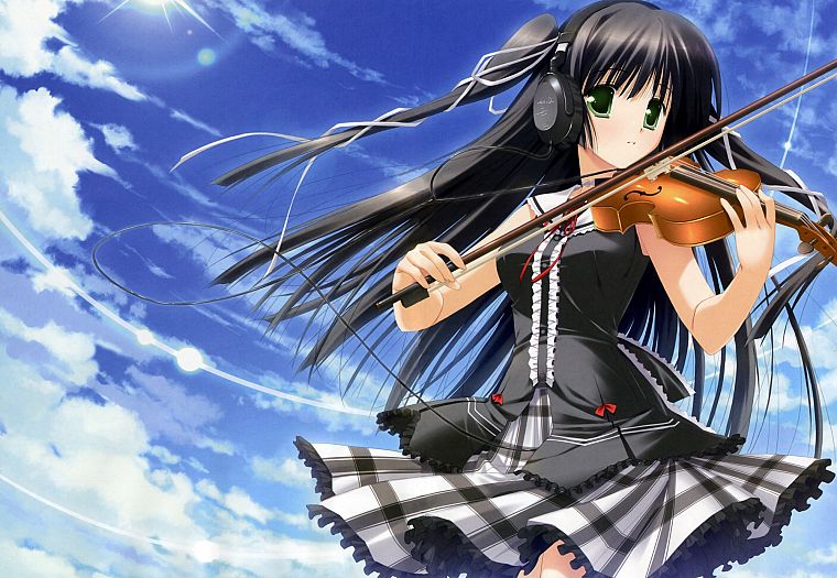 headphones, green eyes, violins, instruments, anime girls, black hair, skies, bare shoulders - desktop wallpaper