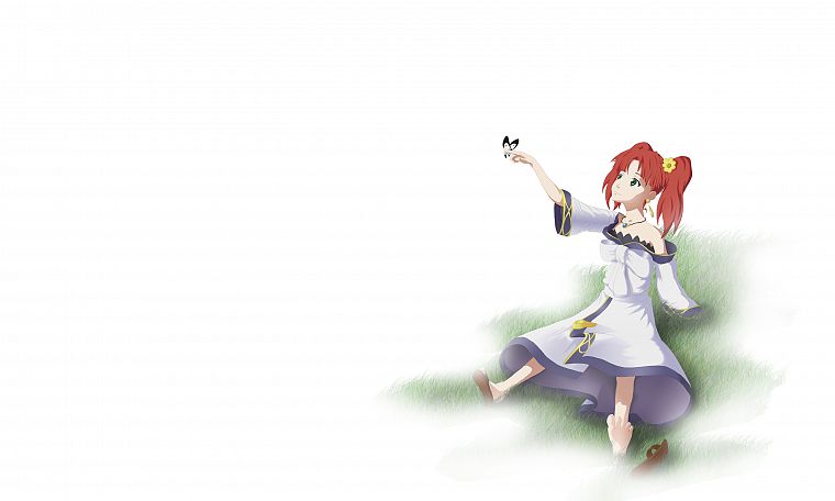 red, dress, white, simple background, anime girls, Fractale, butterflies - desktop wallpaper