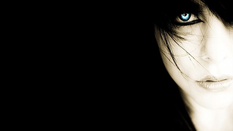women, black, blue eyes, black background - desktop wallpaper
