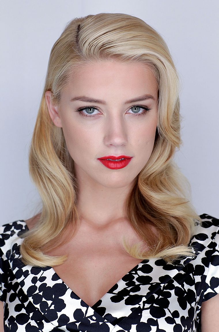blondes, women, blue eyes, actress, Amber Heard, white background, red lipstick - desktop wallpaper