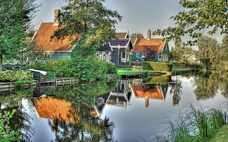 water, houses, streams, HDR photography - desktop wallpaper