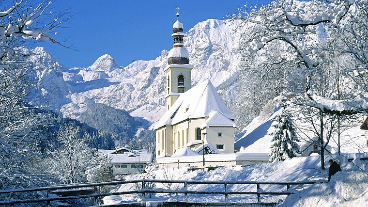 mountains, nature, winter, Germany, churches - desktop wallpaper
