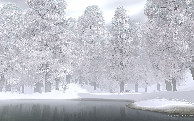 water, nature, snow, trees, CGI, wolves, renders - desktop wallpaper