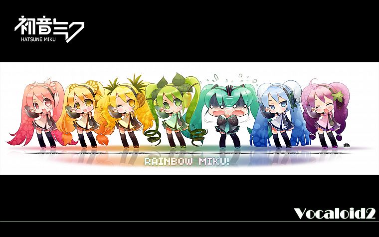 Vocaloid, Hatsune Miku, chibi, rainbows, detached sleeves - desktop wallpaper