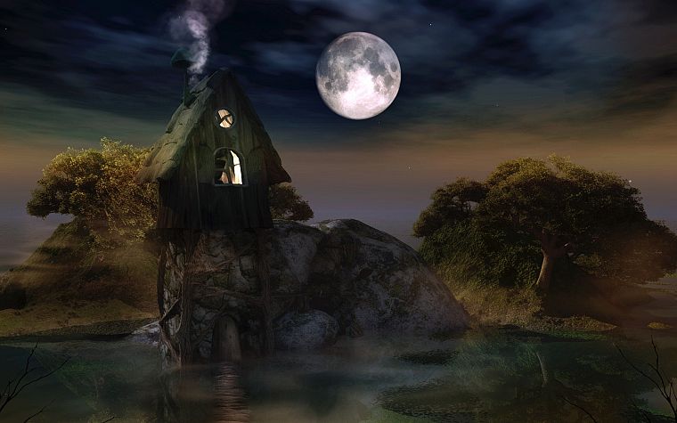 smoke, Moon, fantasy art, huts, nighttime, water body - desktop wallpaper