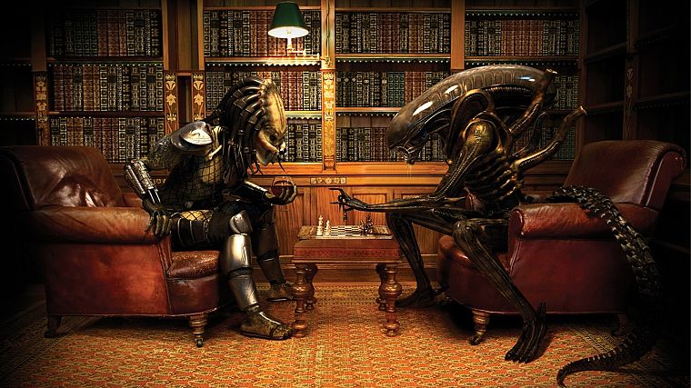predator, chess, library, books, predators, bookshelf, Alien, Aliens, Aliens vs Predator game - desktop wallpaper