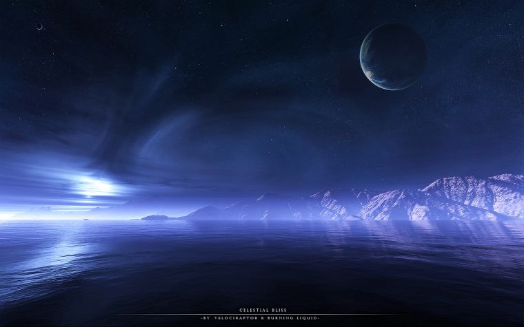 water, mountains, ocean, outer space, planets, skyscapes - desktop wallpaper