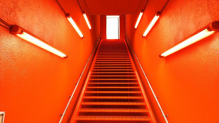 Mirrors Edge, orange, stairways, scenic - desktop wallpaper