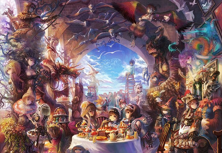 food, party, fantasy art, creatures, anime, soft shading, anime girls - desktop wallpaper