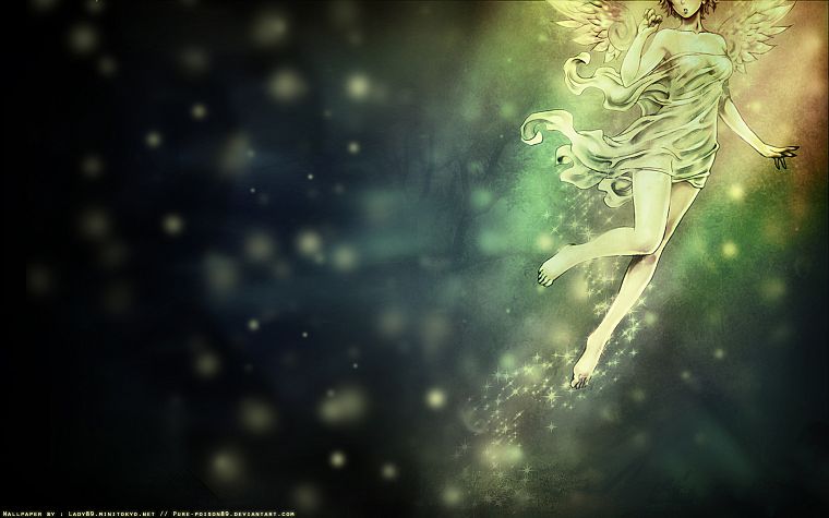 wings, fairies, barefoot, fantasy art, bokeh, green dress - desktop wallpaper