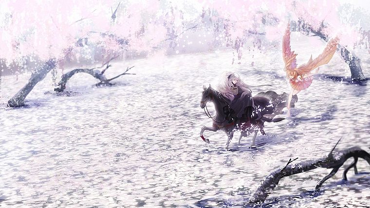 wings, horses, flower petals, anime girls - desktop wallpaper