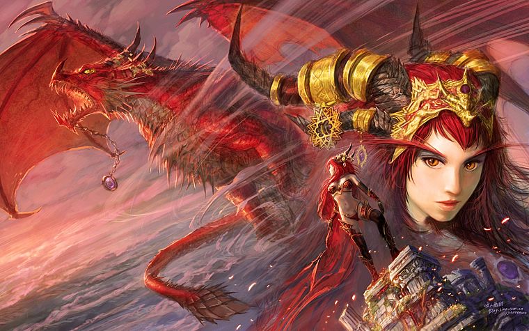 women, wings, dragons, World of Warcraft, redheads, horns, fantasy art, artwork, Alexstrasza, Yaorenwo - desktop wallpaper