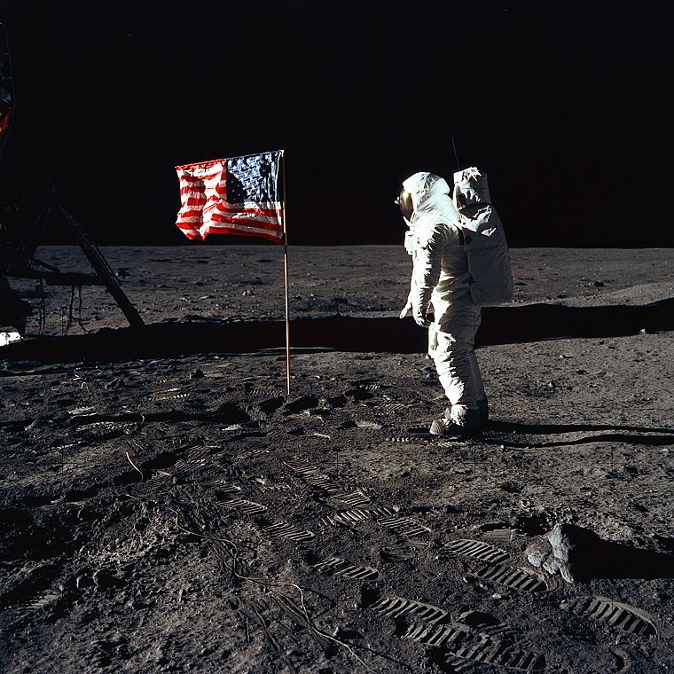 Moon, astronauts, USA, American Flag, Moon Landing - desktop wallpaper