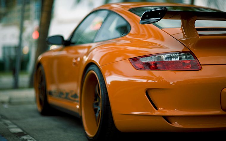 Porsche, orange, back view, vehicles, photo manipulation, Porsche 911 GT3, Porsche 977, orange cars - desktop wallpaper