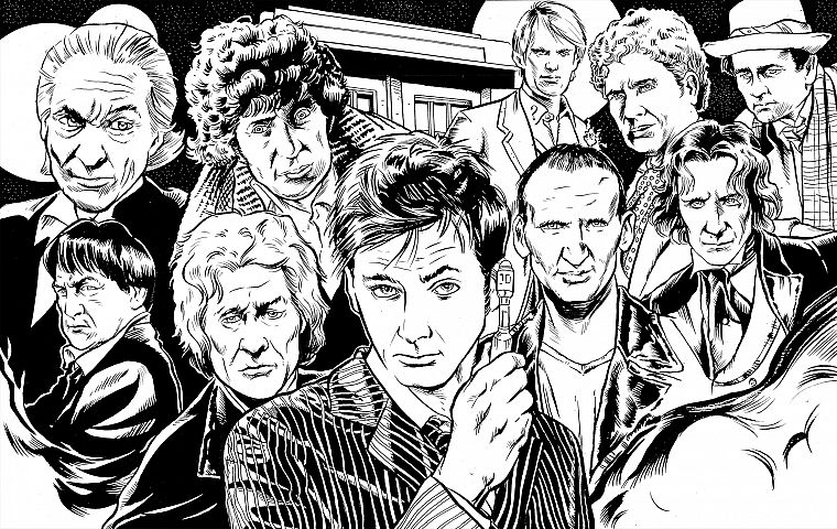 black and white, sketches, Fourth Doctor, doctors, Eleventh Doctor, artwork, Doctor Who, Tenth Doctor, Third Doctor, First Doctor, Eighth Doctor, Second Doctor, Ninth Doctor, Sixth Doctor, Fifth Doctor, Seventh Doctor - desktop wallpaper