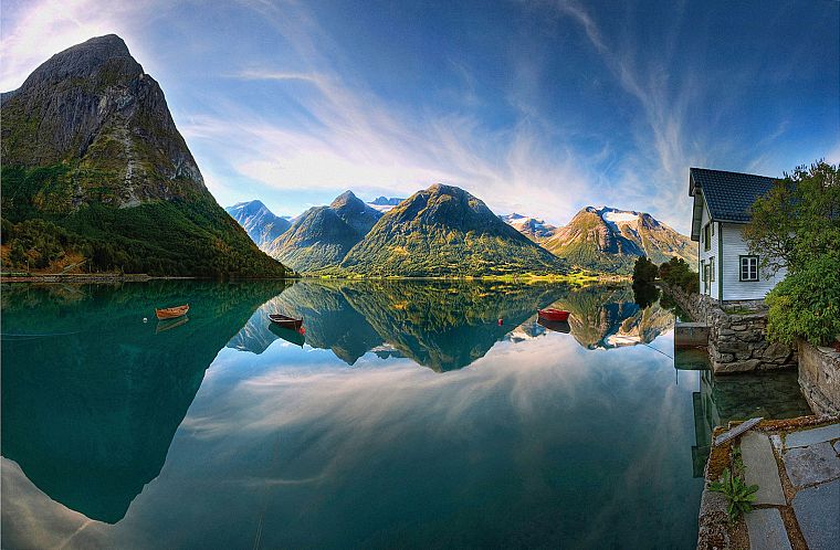 green, mountains, landscapes, ships, Norway, vehicles, Lofoten, sea - desktop wallpaper