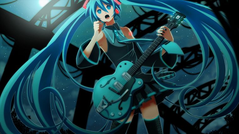 Vocaloid, Hatsune Miku, guitars, twintails, anime girls, detached sleeves - desktop wallpaper