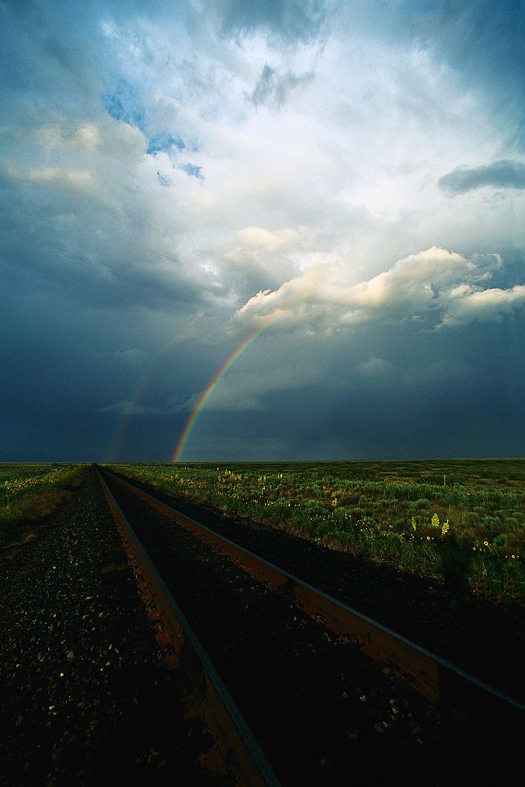 clouds, rainbows, railroad tracks, double rainbow, skyscapes - desktop wallpaper