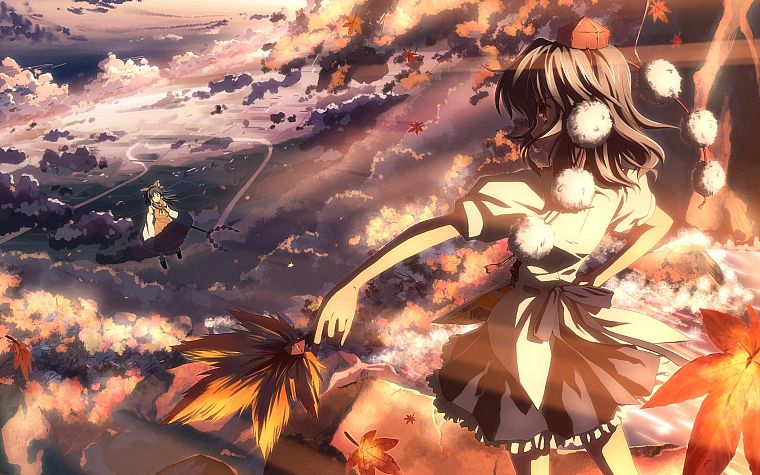 clouds, Touhou, flying, Hakurei Reimu, Shameimaru Aya, skyscapes, anime girls, tengu, Yuuki Tatsuya - desktop wallpaper