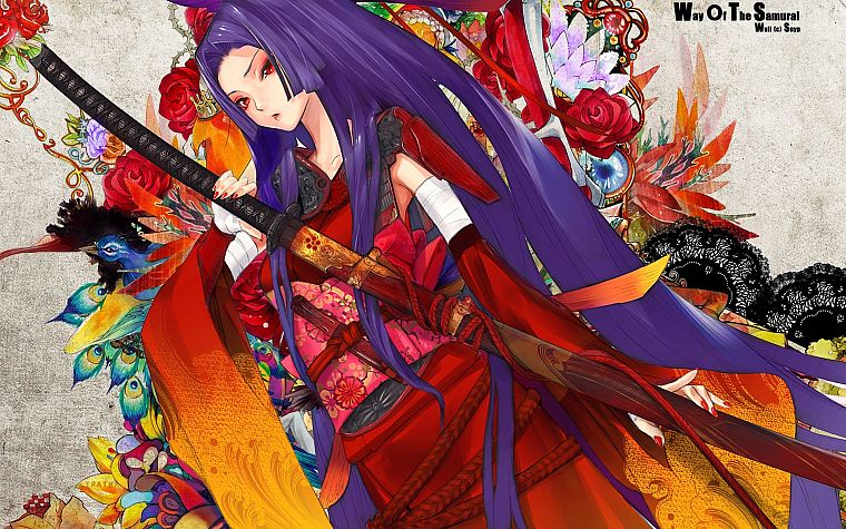 katana, patterns, long hair, blade, purple hair, Snyp, Redjuice, Japanese clothes, anime girls, detached sleeves, Kaorihime, original characters, wide sleeves - desktop wallpaper