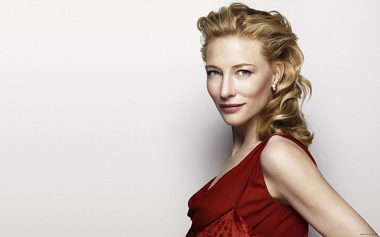 blondes, women, blue eyes, actress, Cate Blanchett, red dress, white background - desktop wallpaper