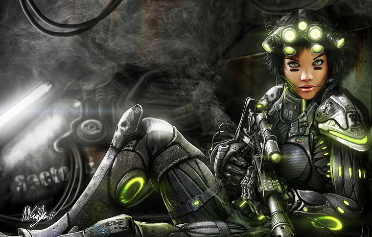 women, video games, StarCraft, DeviantART, sniper rifles, short hair, artwork, female warriors, night vision, Ghost (Starcraft) - desktop wallpaper
