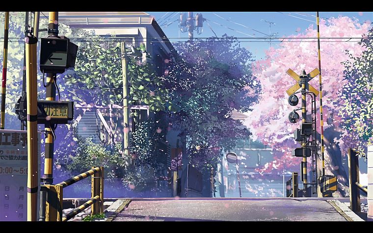 Japan, streets, Sakura, Makoto Shinkai, 5 Centimeters Per Second, anime, railroad crossing - desktop wallpaper