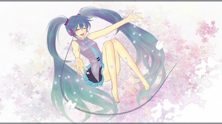 headphones, Vocaloid, Hatsune Miku, long hair, barefoot, twintails, aqua hair, butterflies - desktop wallpaper
