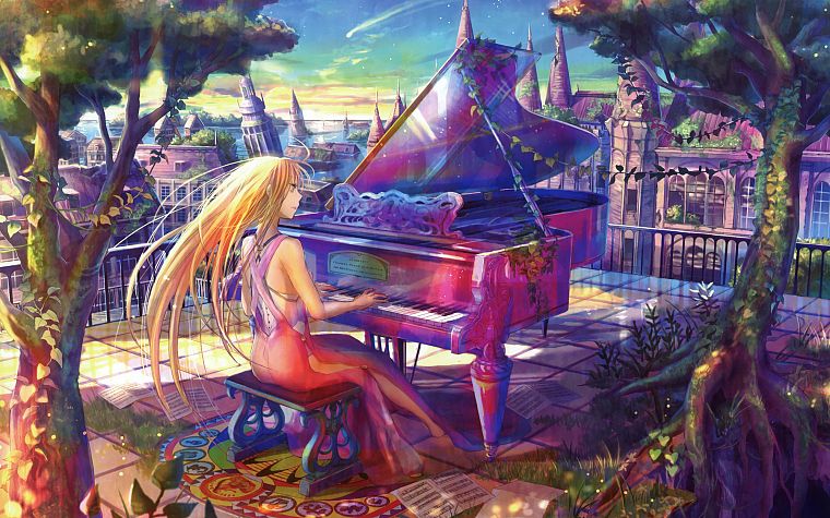 piano, artwork, Fuji Choko, anime girls - desktop wallpaper