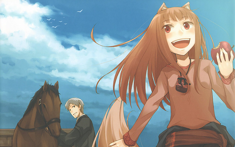 clouds, Spice and Wolf, animal ears, red eyes, Craft Lawrence, open mouth, Holo The Wise Wolf, inumimi, low-angle shot - desktop wallpaper