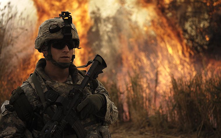 rifles, army, fire, soldier, sunglasses, forest fire - desktop wallpaper