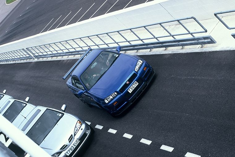 blue, cars, front, Nissan, vehicles, track, Nissan Primera, Nissan Skyline R34 GT-R, front angle view - desktop wallpaper
