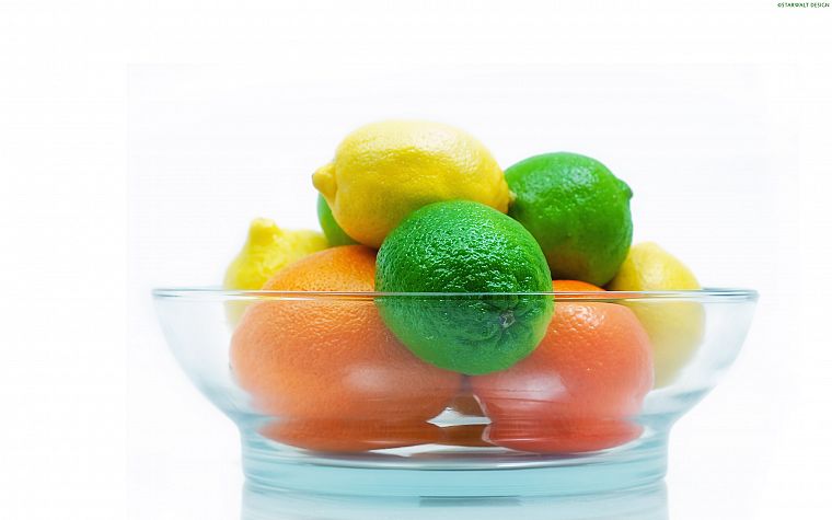 citrus, fruits, limes, oranges, bowls, lemons, white background - desktop wallpaper