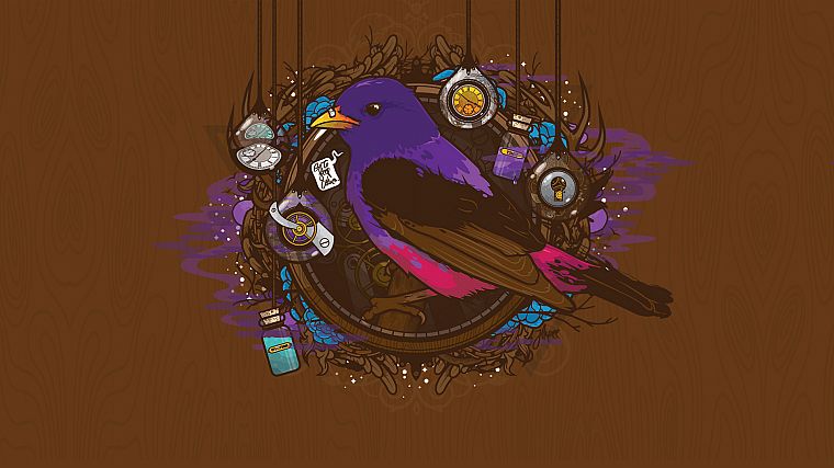 birds, bottles, clocks, artwork, wood texture, JThree Concepts, brown background, Jared Nickerson - desktop wallpaper