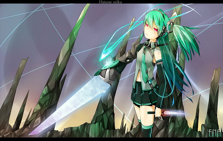 Vocaloid, Hatsune Miku, weapons, twintails, daggers, anime girls, detached sleeves, swords - desktop wallpaper
