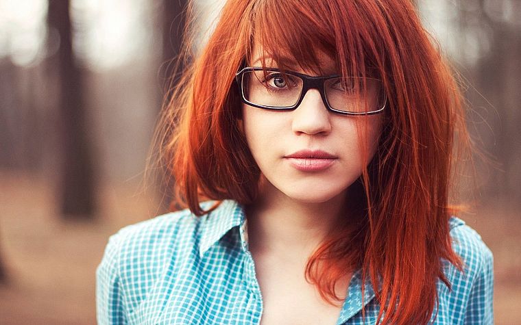 women, redheads, glasses, shirts, faces, straight hair, bangs, girls with glasses, upscaled - desktop wallpaper