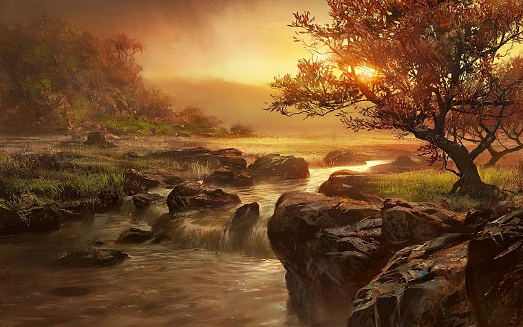 paintings, trees, rivers - desktop wallpaper