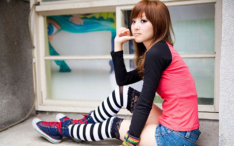 brunettes, women, Asians, shorts, Mikako Zhang Kaijie, bangs, striped legwear - desktop wallpaper